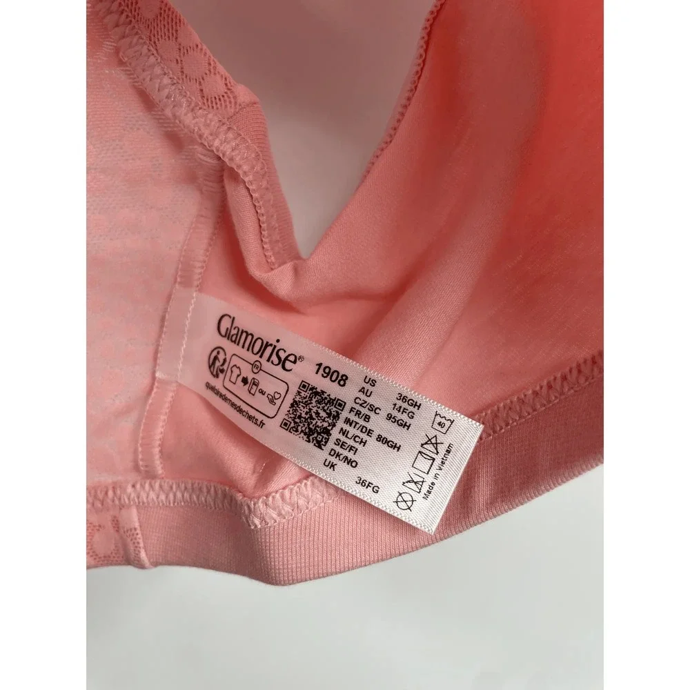 Glamorise Womens Front Closure Bra Size 36H Pink Wireless Lace Back‎ Comfort